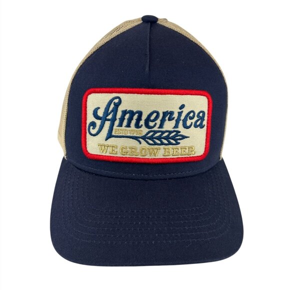 Rural Cloth Other - America We Grow Beer Trucker Hat Navy Beige Snapback Adjustable Mesh Back